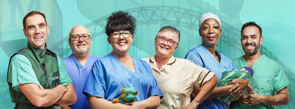 Lef to right: Staff imposed on a green background with Newcastle landmark on. There is surgeon Craig in green scrubs and a green iron vest, with arms crossed, Porter George wearing blue scrubs with hands together at front, Healthcare assistant Lisa wearing blue scrubs holding a teddy in green scrubs, Housekeeper Pauline in a pale yellow tunic and brown trousers with hand on hips, Midwife Titi wearing blue scrubs holding a baby wrapped up in a green blanket and purple hat and surgeon Akbar in green scrubs.