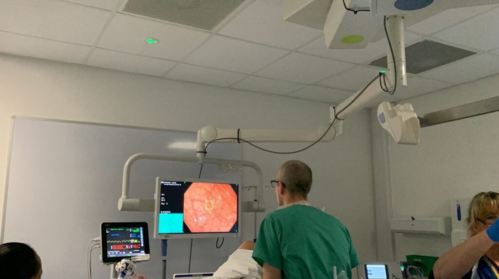 A surgeon looks at a screen in an operating theatre which has an image of the inside of the bowel. 