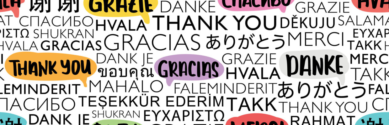 Thank you in different languages repeating texture background.