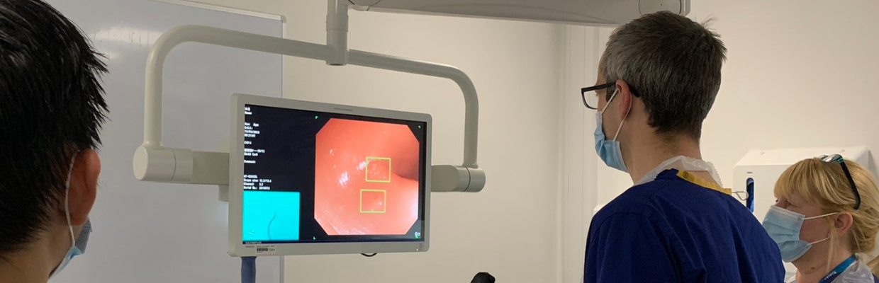 A surgeon looks at a screen which shows the inside of the bowel.