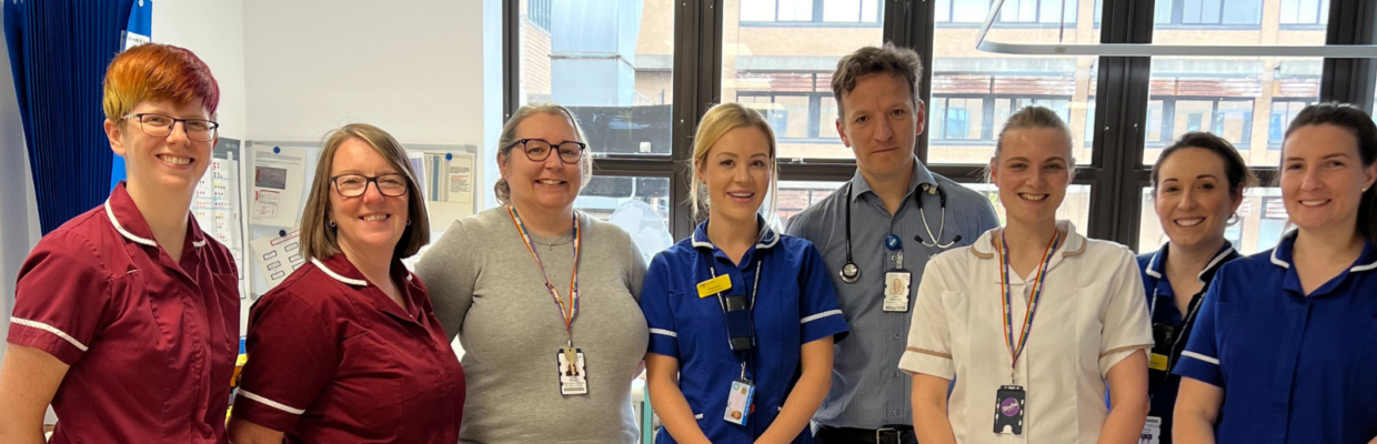 Left to right: Vicky Slater, Michelle Fawcett (research nurses), Susan Reece, study support assistant, Charlotte Gradwell, nurse practitioner, Dr Gheorghiu, Beth Holland, clinical trials officer, and Laurie Giradlo and Naomi Gourlay, nurse specialists