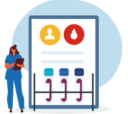 Picture of illustrated doctor with a clipboard and a graphic with example blood chart