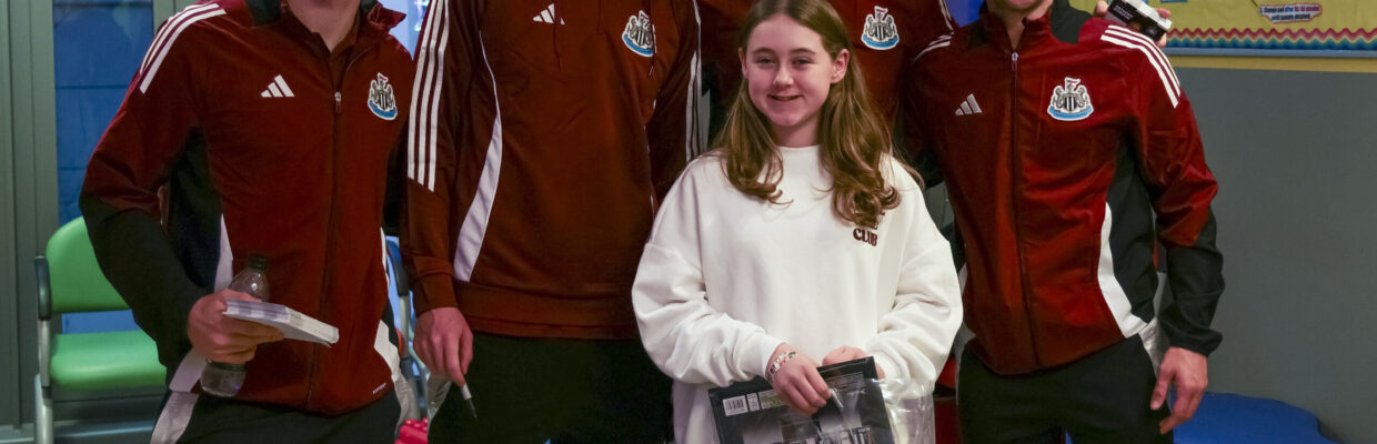 L-R: Lewis Hall, Sean Longstaff, Anthony Gordon, Kieran Trippier with a patient